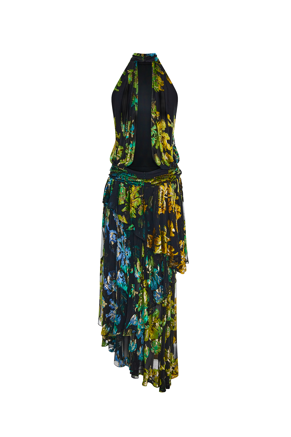 Devoré velvet maxi dress with ruffles and open back