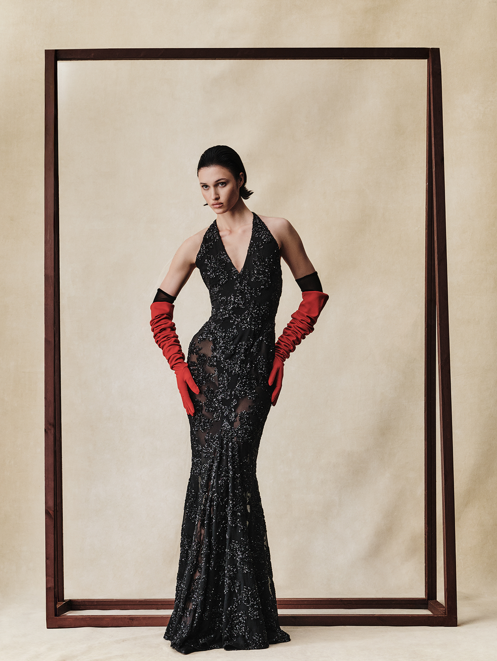 Maxi dress with sequin chiffon inserts