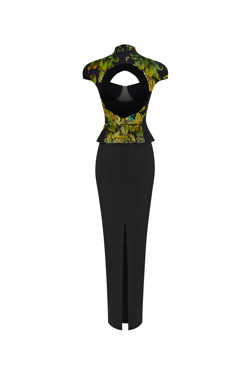Devoré velvet and crepe maxi dress with front cutout
