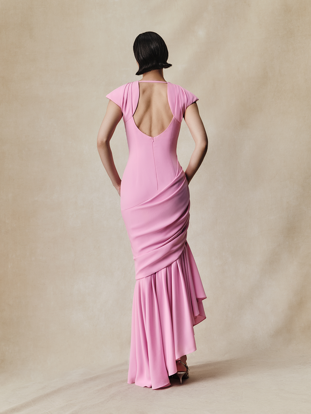 Viscose crepe asymmetric maxi dress with draping