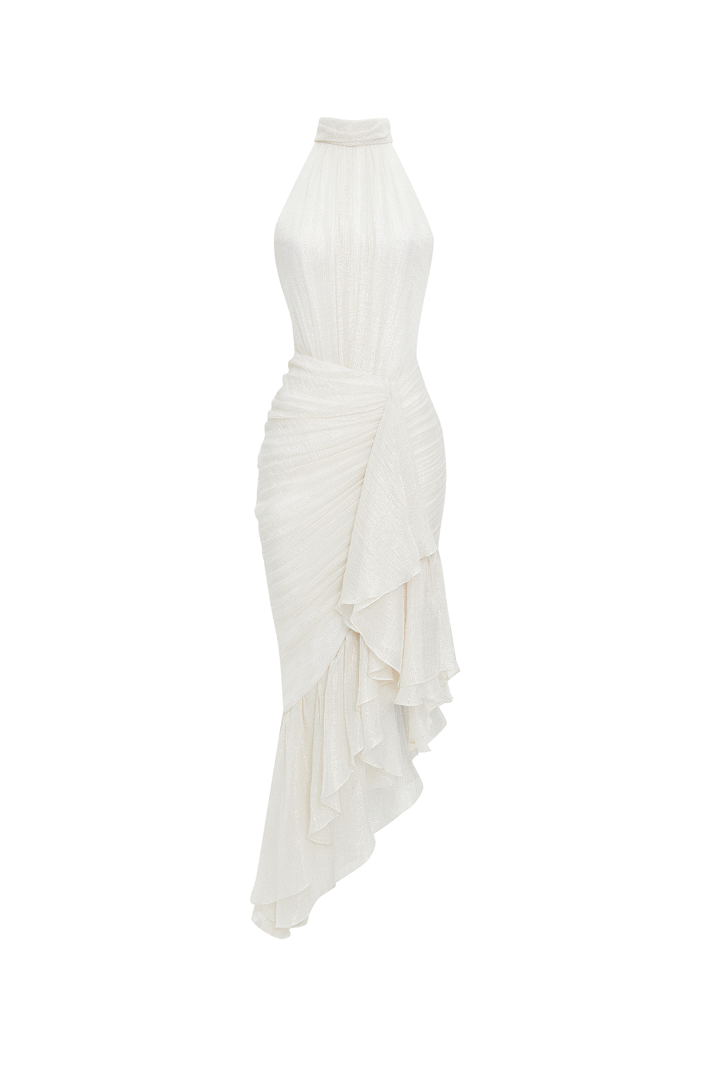 Silk chiffon and lurex maxi dress with asymmetric ruffles