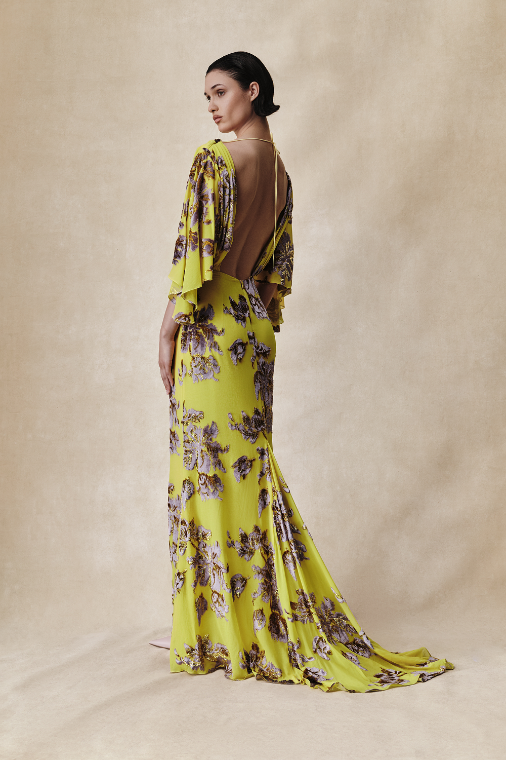 Devoré velvet maxi dress with cowl back and train