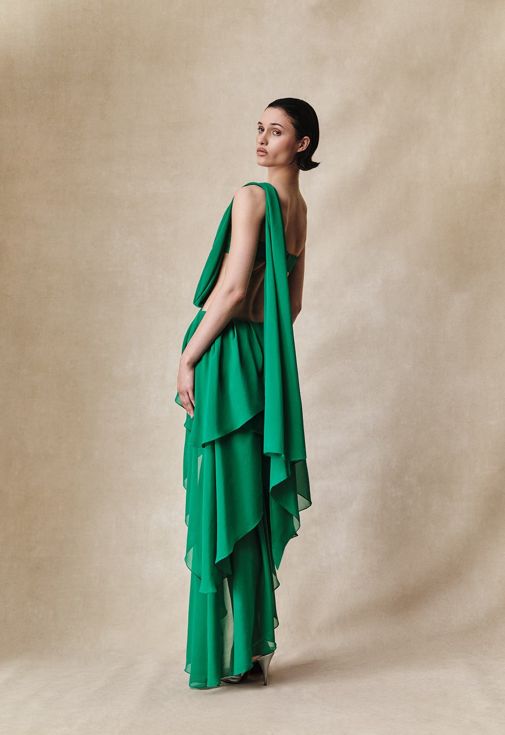 Chiffon asymmetric maxi dress with draping