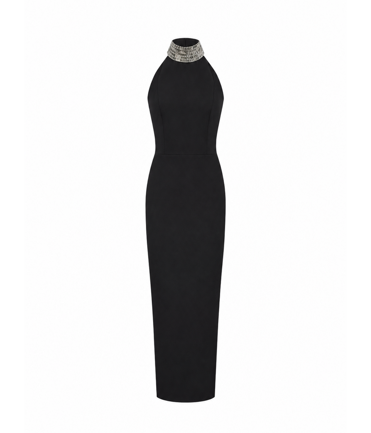 Satin maxi dress with a crystal embellished neck
