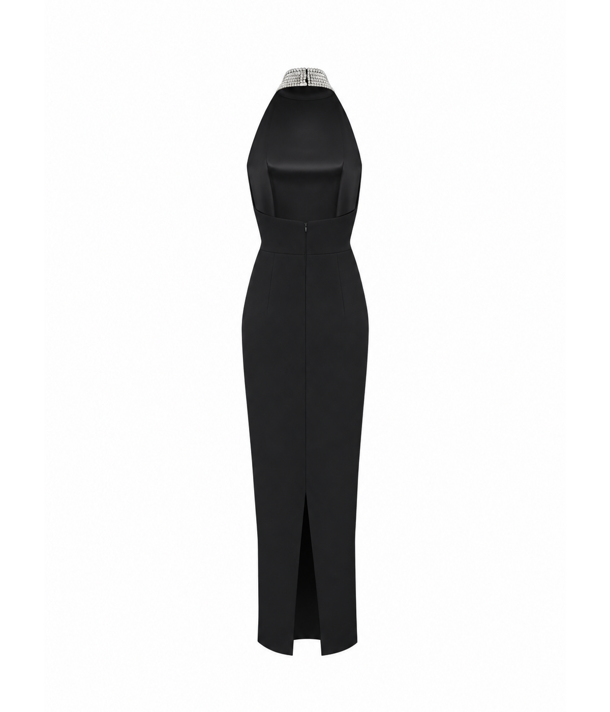 Satin maxi dress with a crystal embellished neck