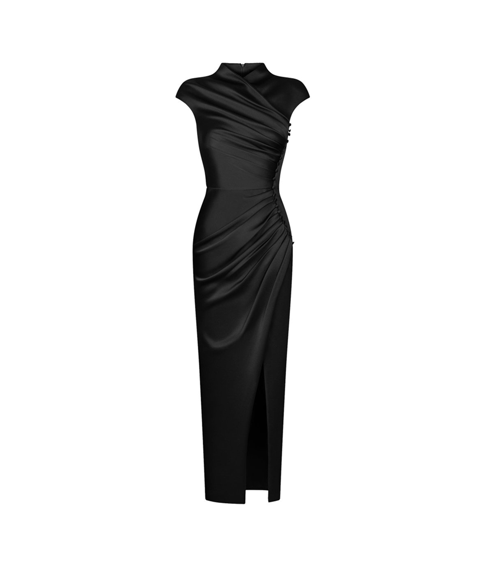 Button-embellished draped satin midi dress