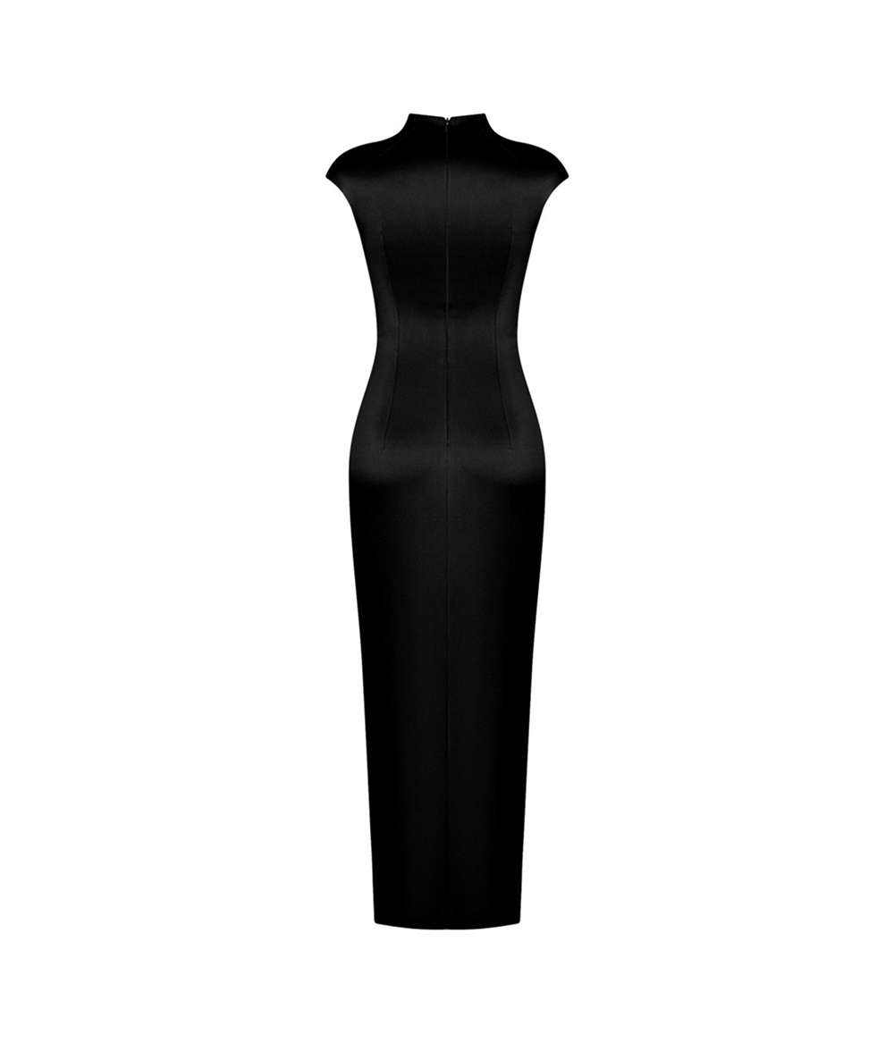 Button-embellished draped satin midi dress