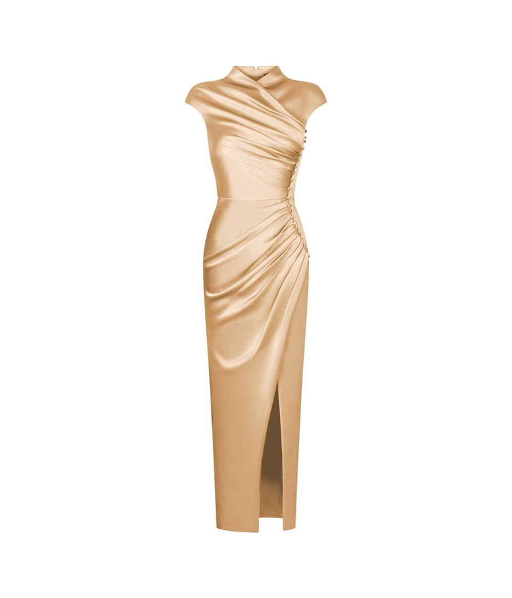 Button-embellished draped satin midi dress