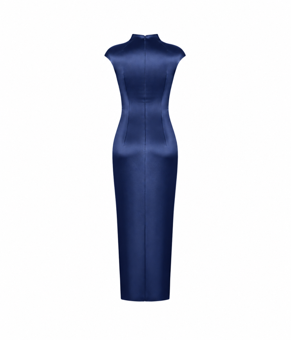 Button-embellished draped satin midi dress