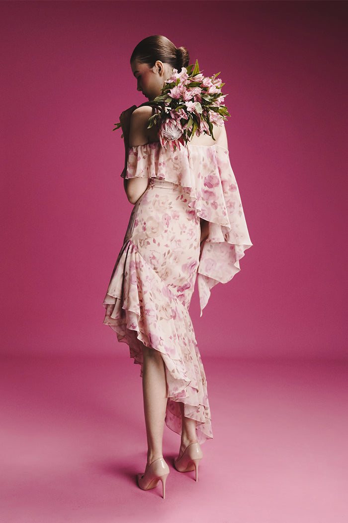 Asymmetrical printed chiffon midi dress with flounces