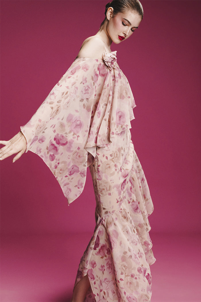 Asymmetrical printed chiffon midi dress with flounces