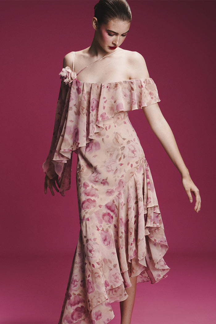 Asymmetrical printed chiffon midi dress with flounces