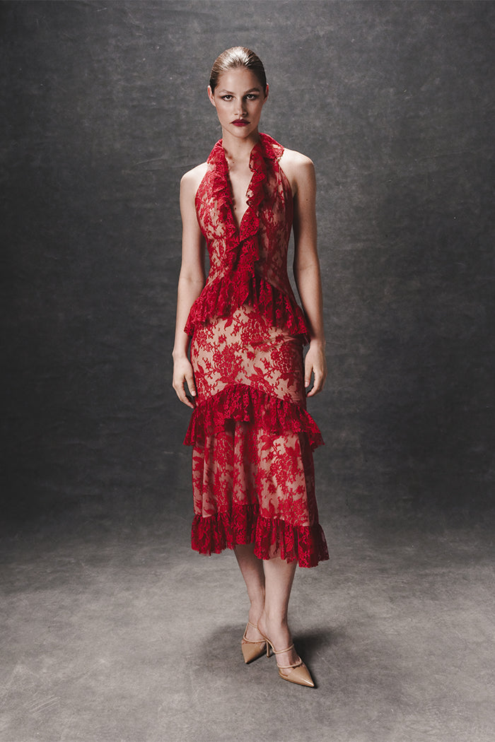 Lace midi dress with ruffles