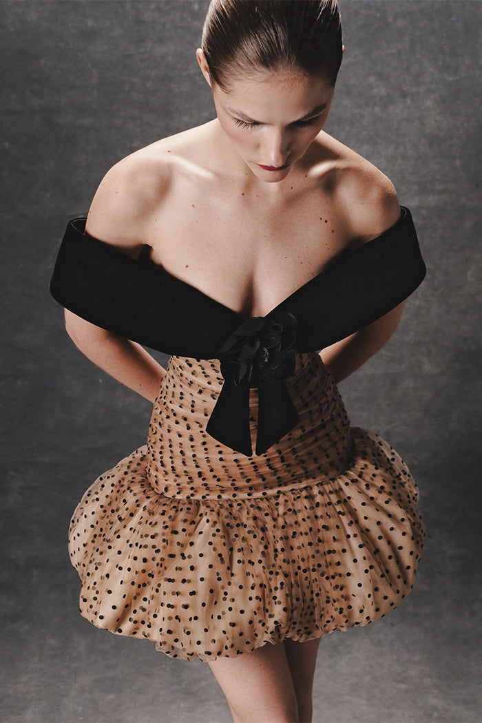 Draped polka dot tulle and velvet mini dress