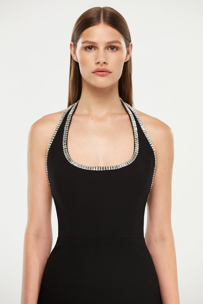 Crystal embellished crepe maxi dress with a slit