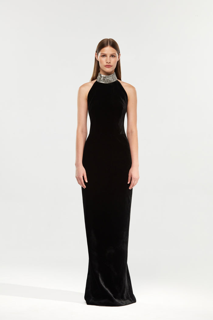 Velvet maxi dress with a crystal embellished neck