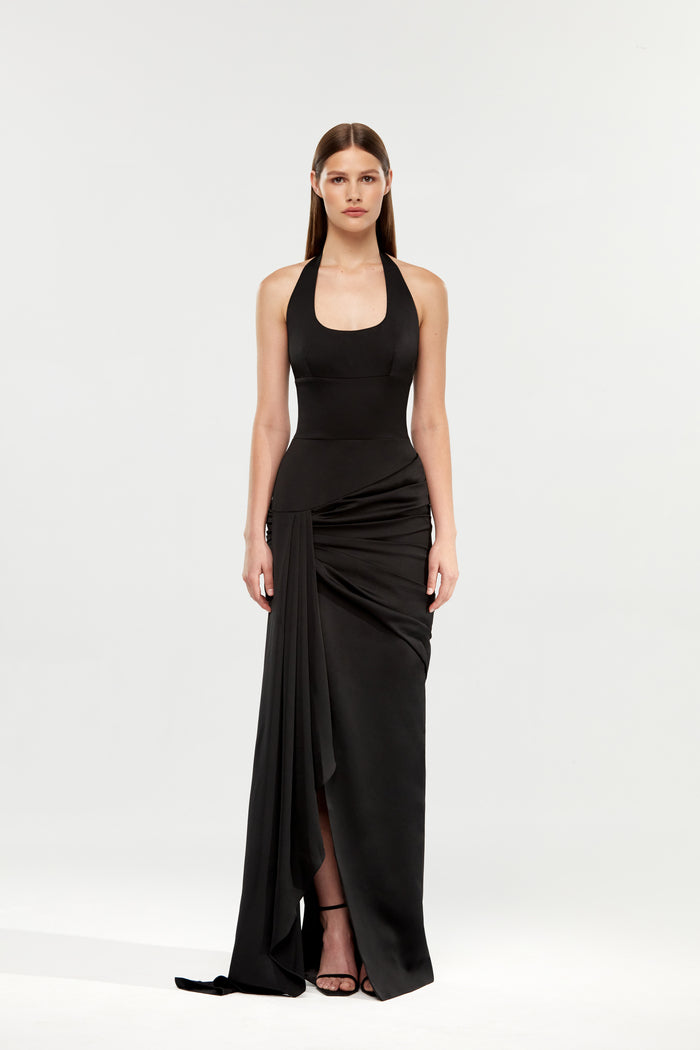 Satin maxi dress with a train