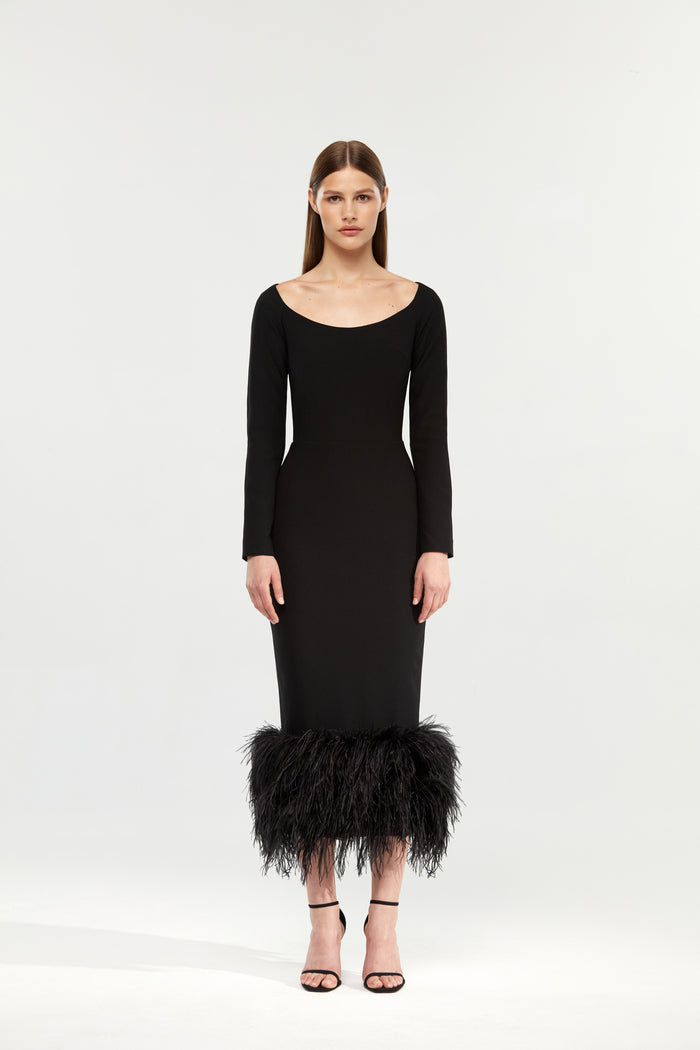 Сrepe long midi dress with fringe