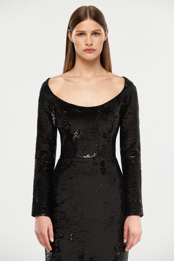 Sequined long midi dress with a side slit