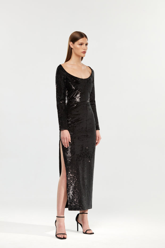 Sequined long midi dress with a side slit