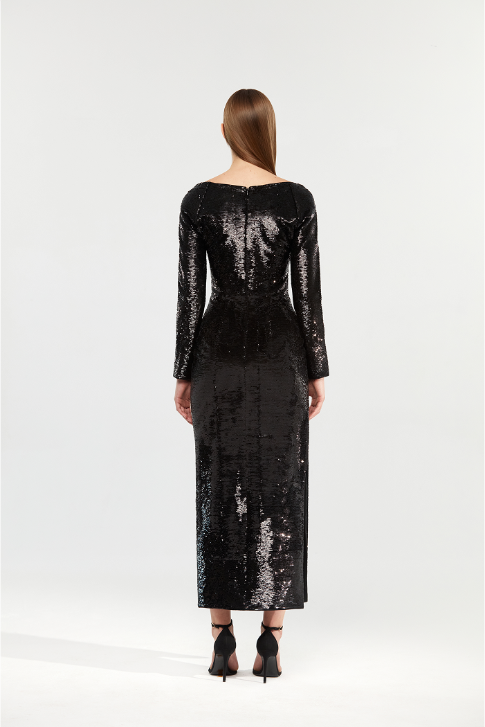 Sequined long midi dress with a side slit
