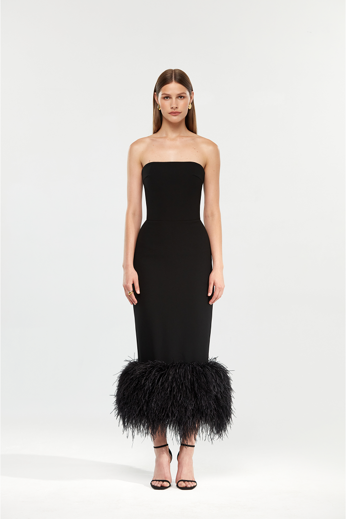 Сorset crepe long midi dress with fringe
