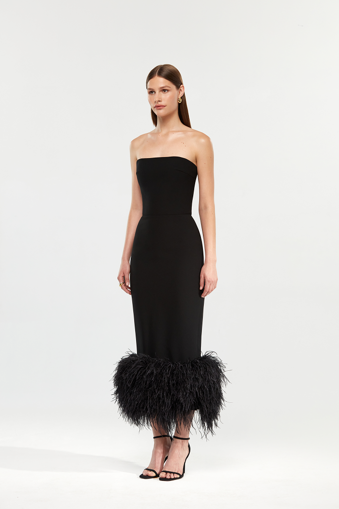 Сorset crepe long midi dress with fringe