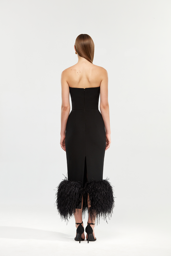 Сorset crepe long midi dress with fringe