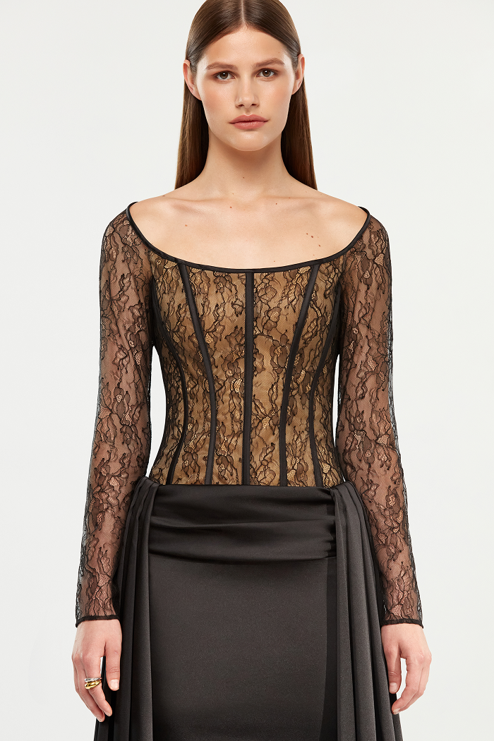 Lace and satin corset gown dress with a train