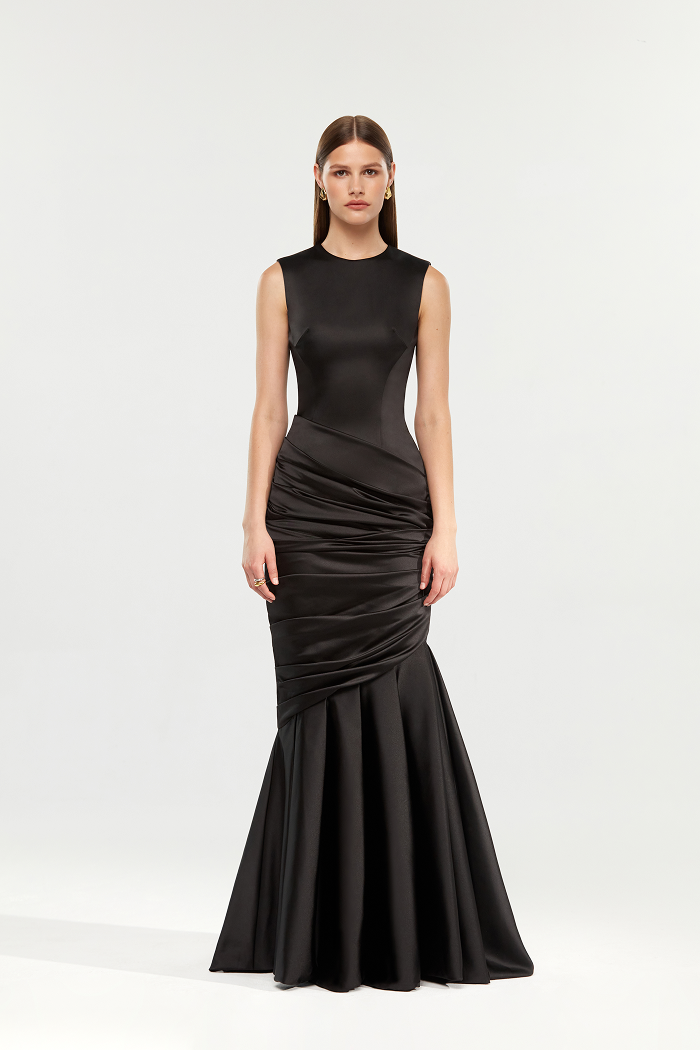 Satin maxi dress with a train