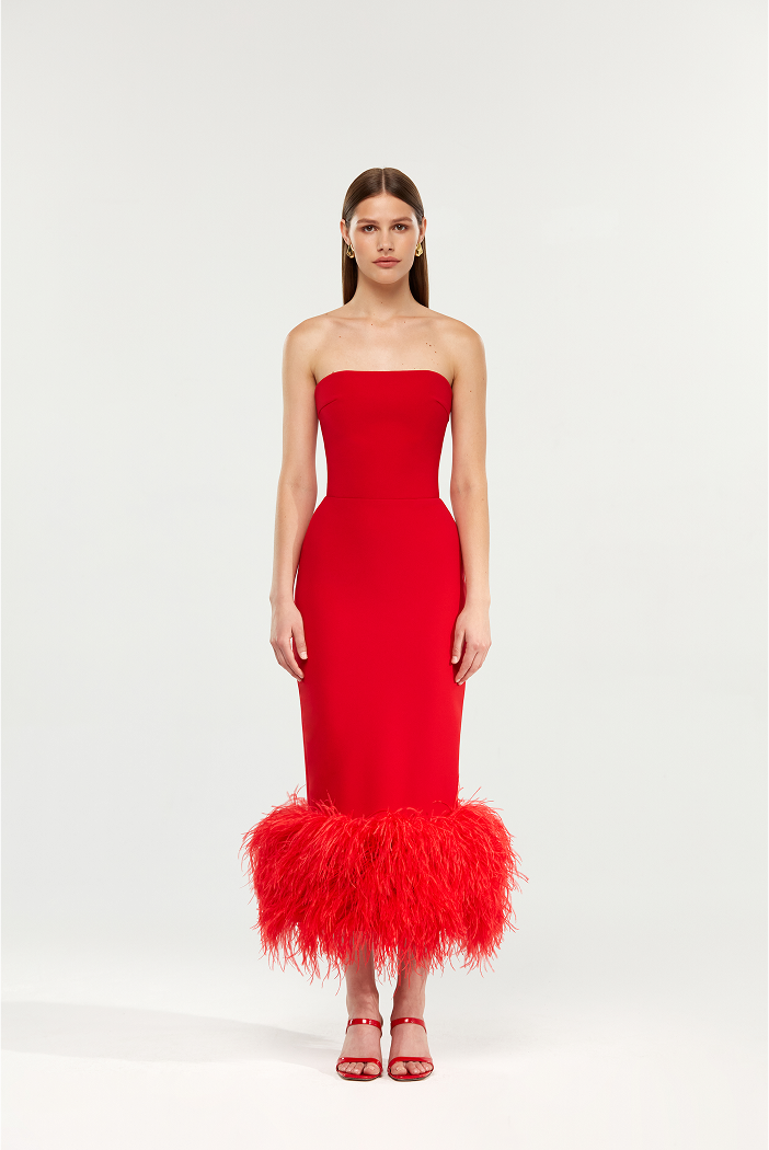Сorset crepe long midi dress with fringe