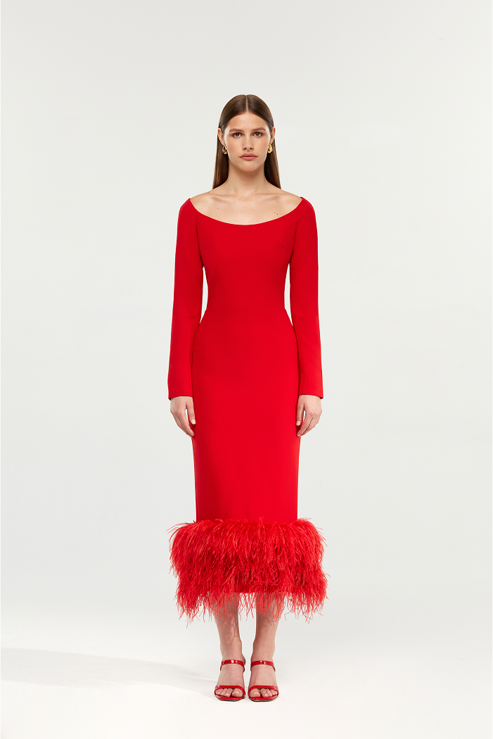Сrepe long midi dress with fringe