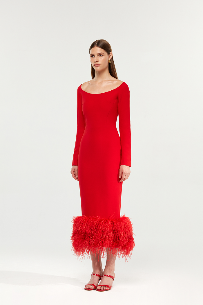 Сrepe long midi dress with fringe