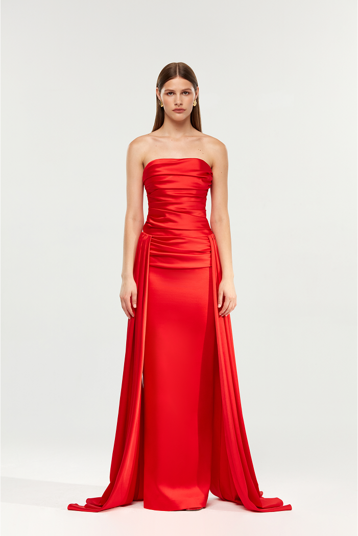 Draped satin maxi dress with a train