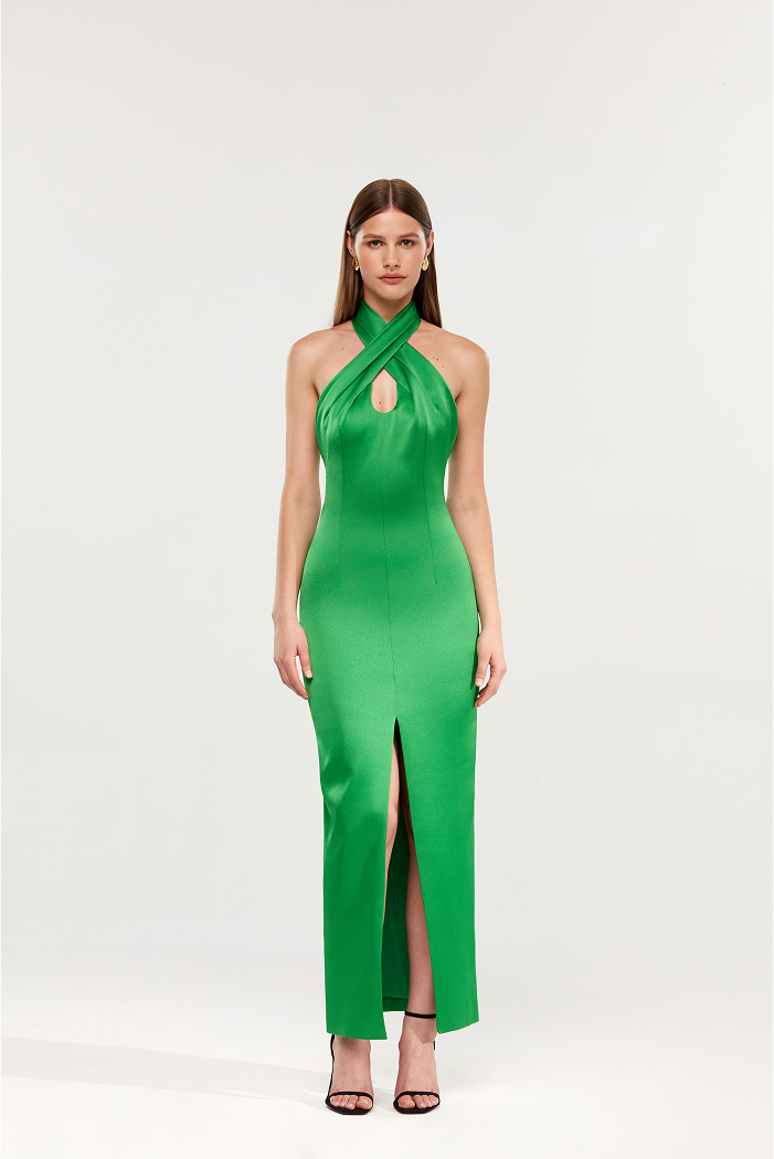 Halter-neck satin long midi dress