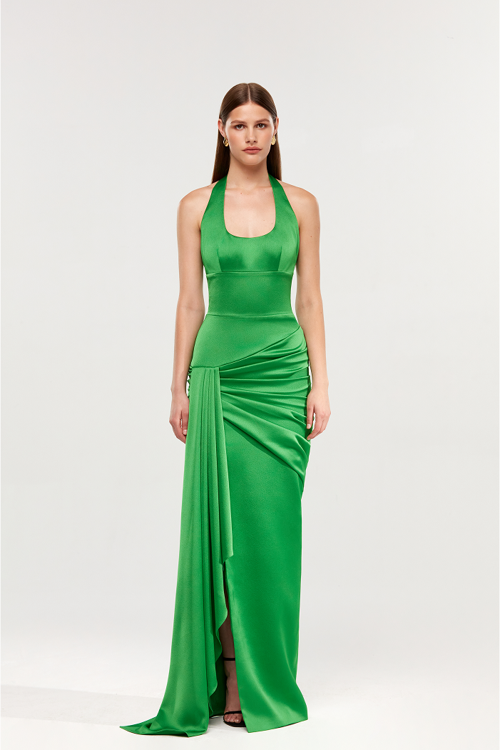 Satin maxi dress with a train