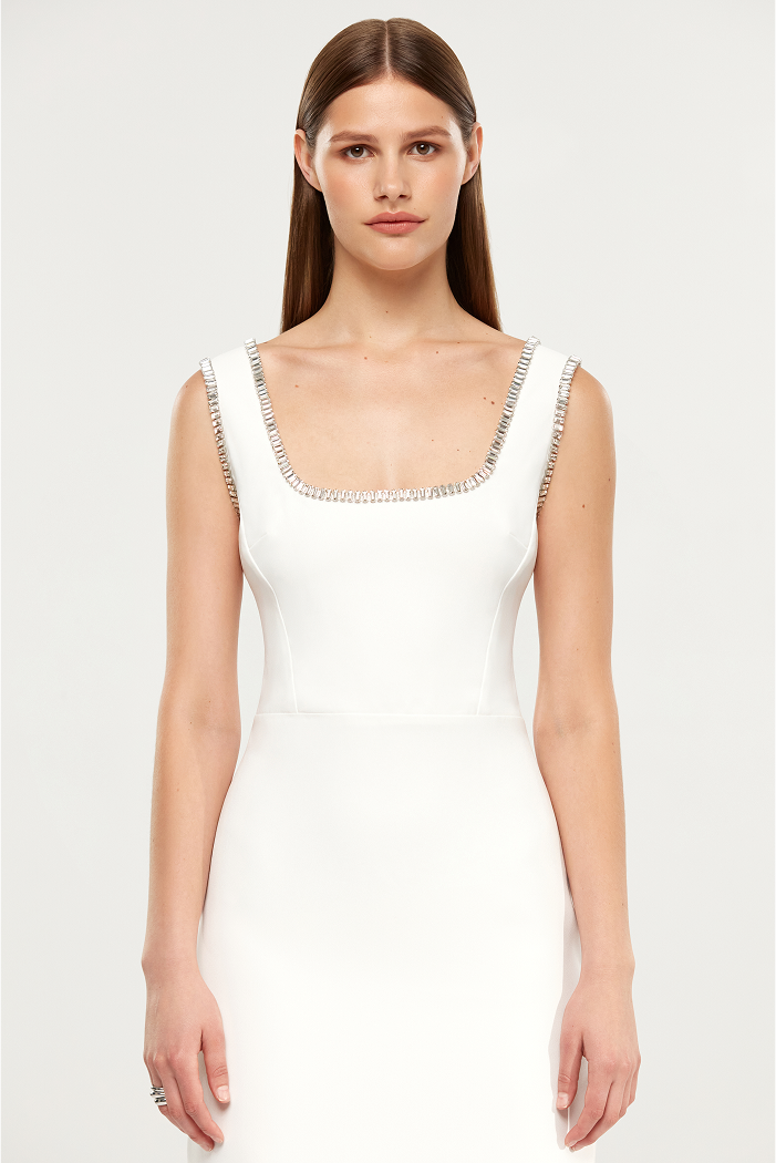 Crystal embellished crepe long midi dress with a side slit