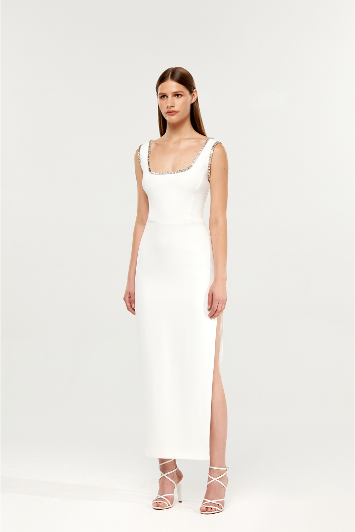 Crystal embellished crepe long midi dress with a side slit