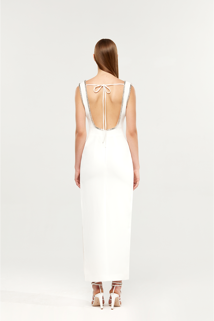 Crystal embellished crepe long midi dress with a side slit