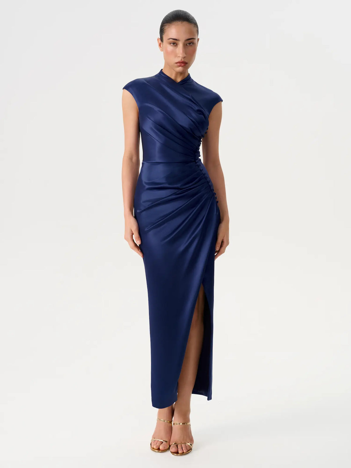 Button-embellished draped satin midi dress