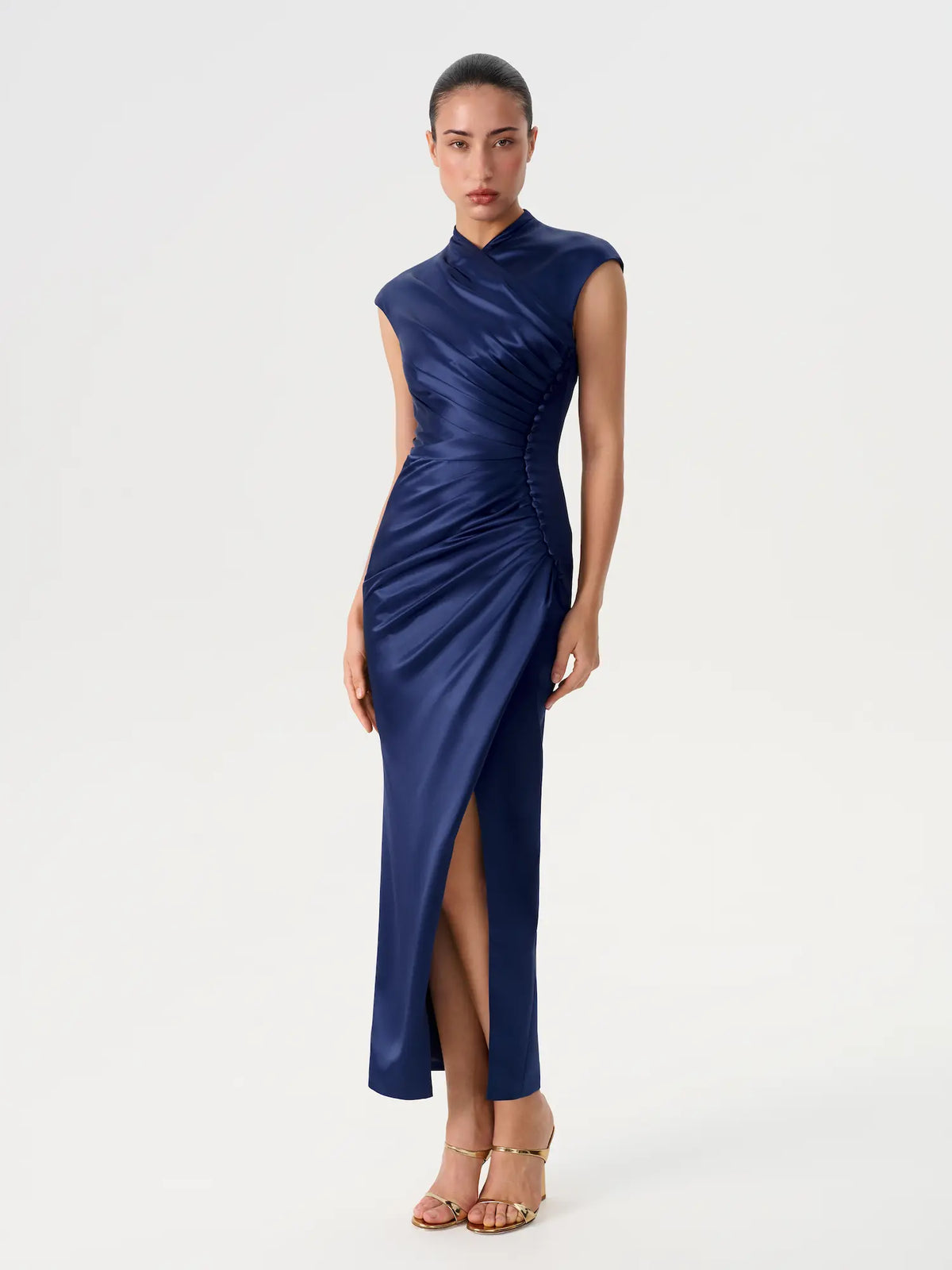 Button-embellished draped satin midi dress