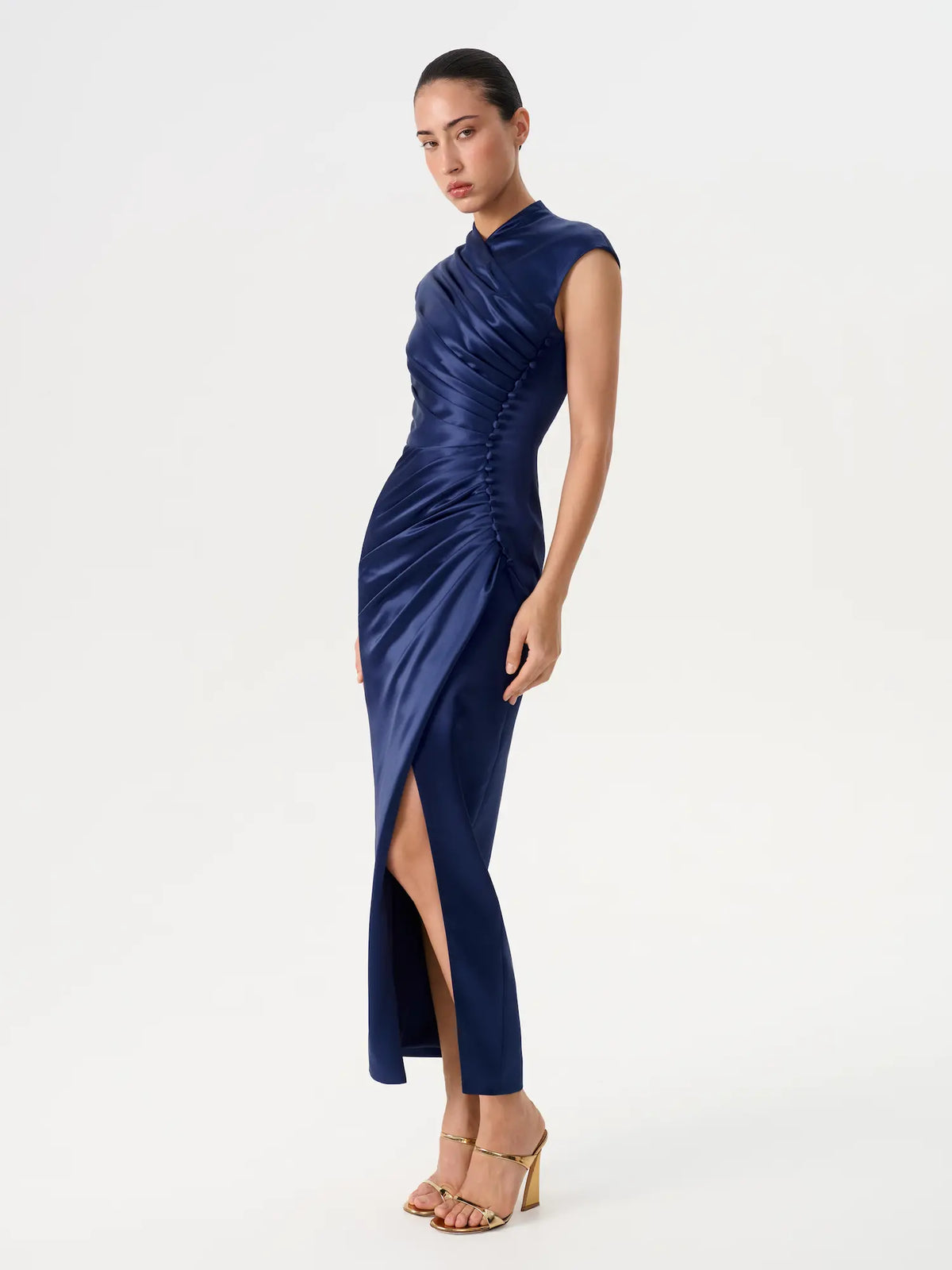 Button-embellished draped satin midi dress