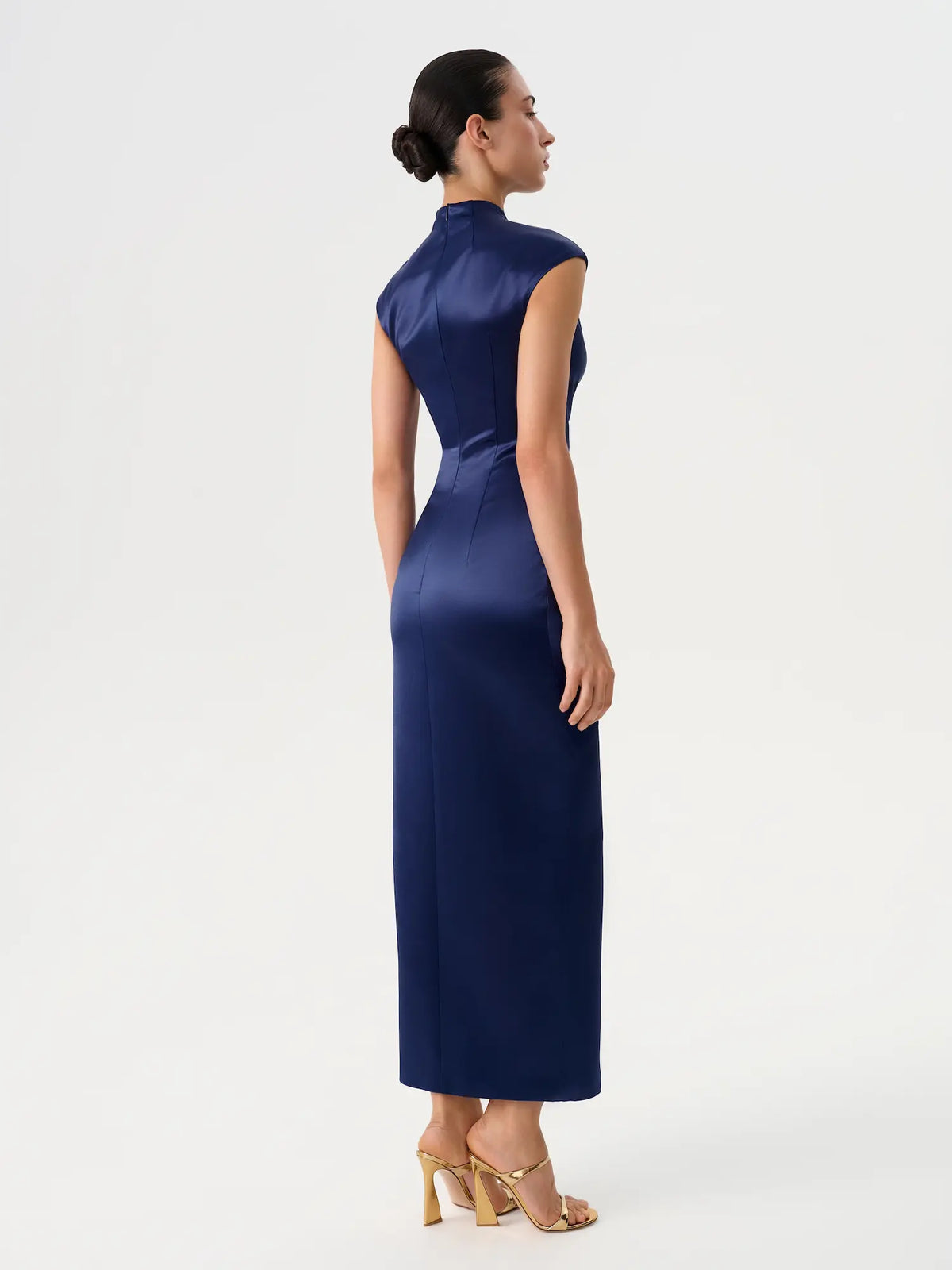 Button-embellished draped satin midi dress