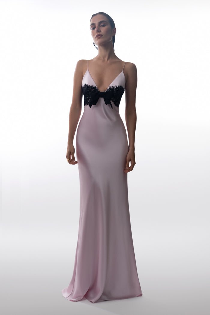 Satin and lace maxi dress with a bow – Rasario