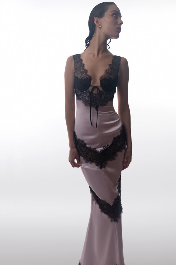 Satin and lace maxi dress with cutouts – Rasario