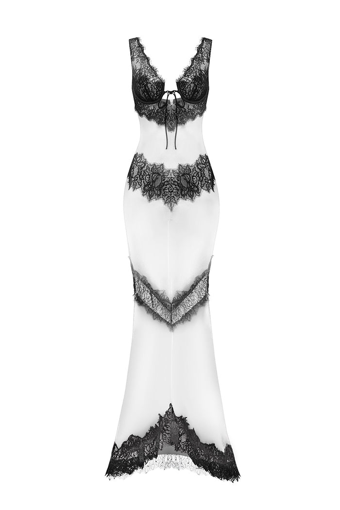 black and white lace maxi dress Satin with cutouts – Color: White/Black – RASARIO Online Boutique Rasario dress