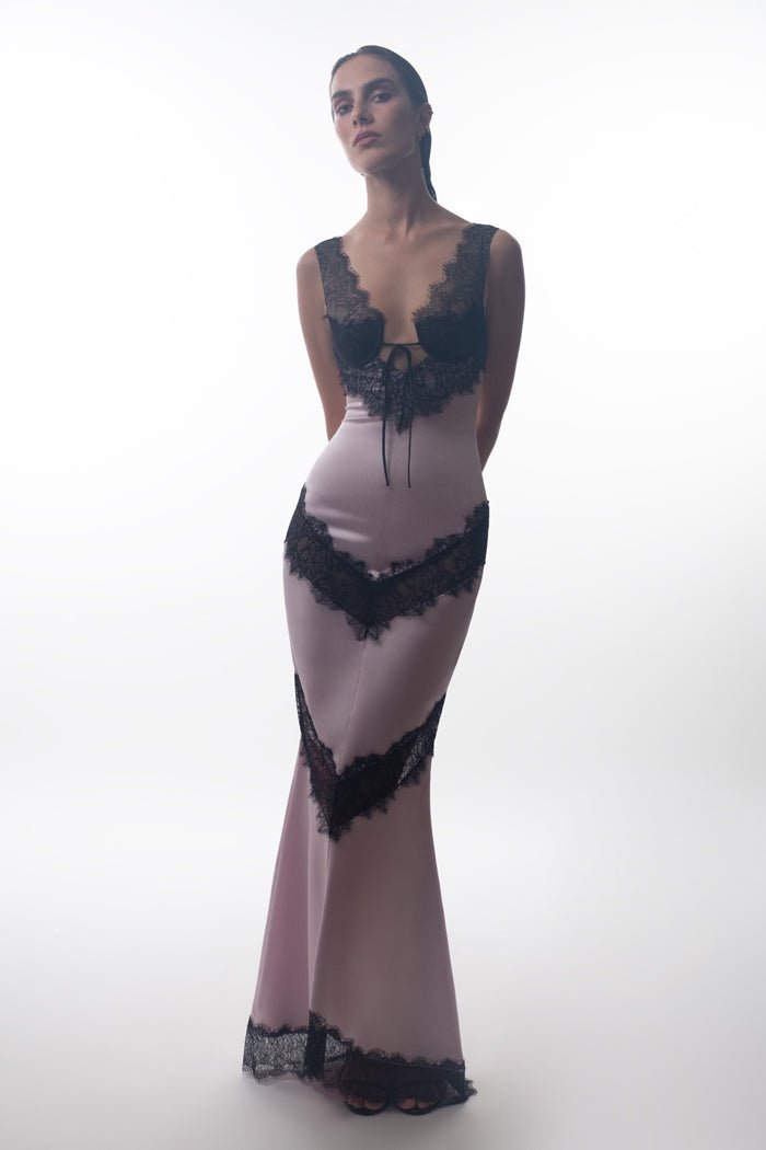 Satin and lace maxi dress with cutouts – Rasario