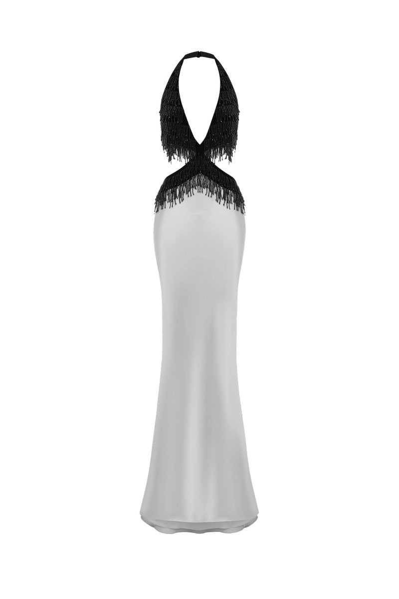 Satin and velvet fringed maxi dress – Rasario