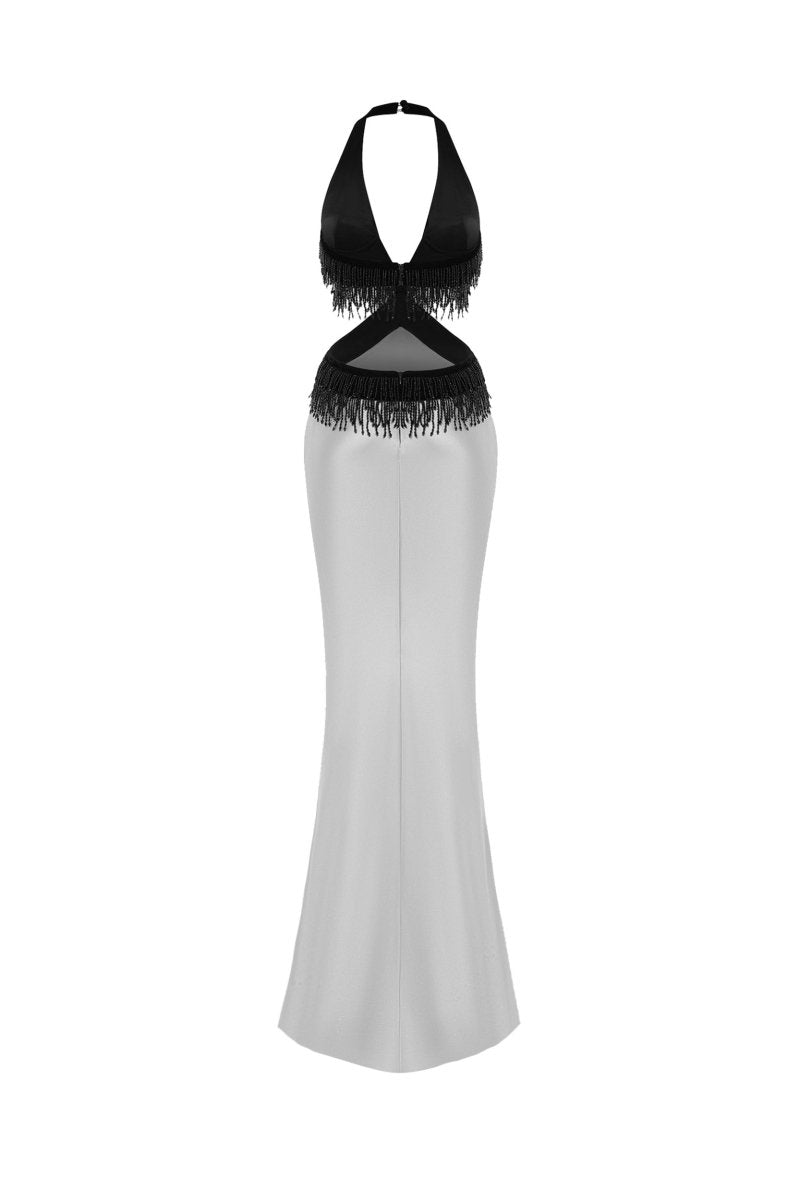 Satin and velvet fringed maxi dress – Rasario