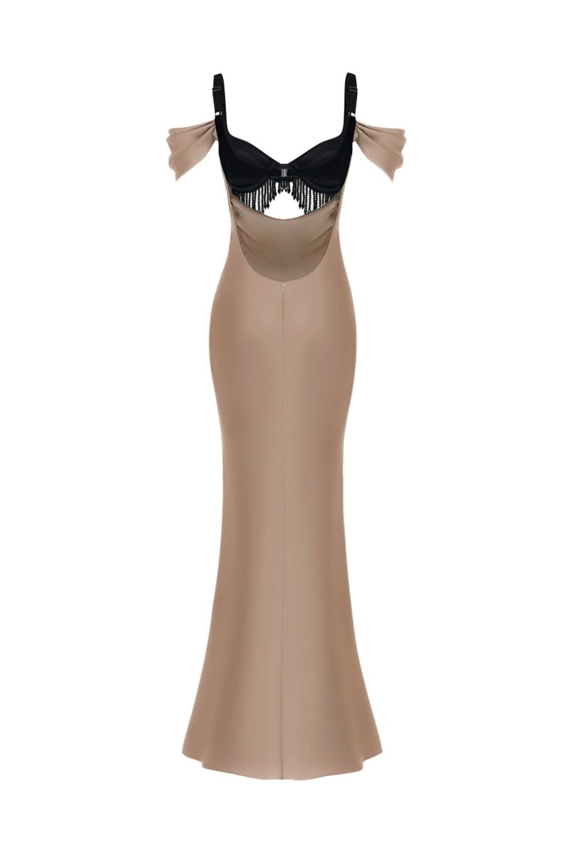 Satin and velvet fringed midi dress – Rasario